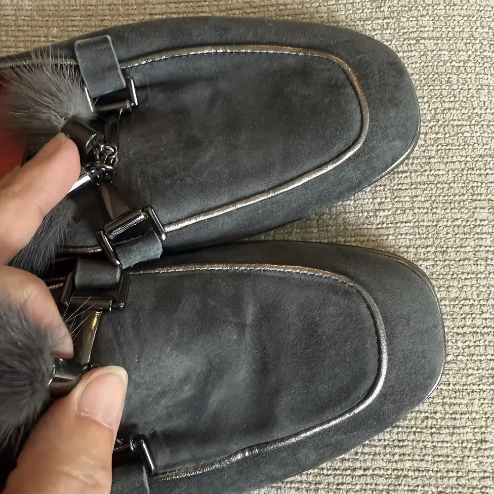 PAS DE ROUGE Lola Black Suede Dressy Loafer‎ Women's 39 US 8.5 Rabbit Fur Tassel